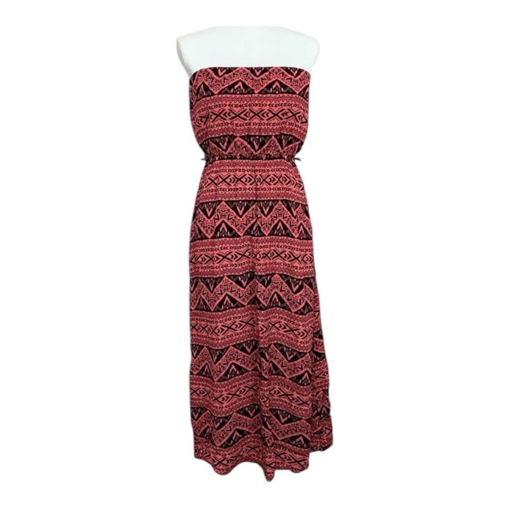Love Andrea Strapless Coral & Black Tribal Sun Dress Maxi Size Small